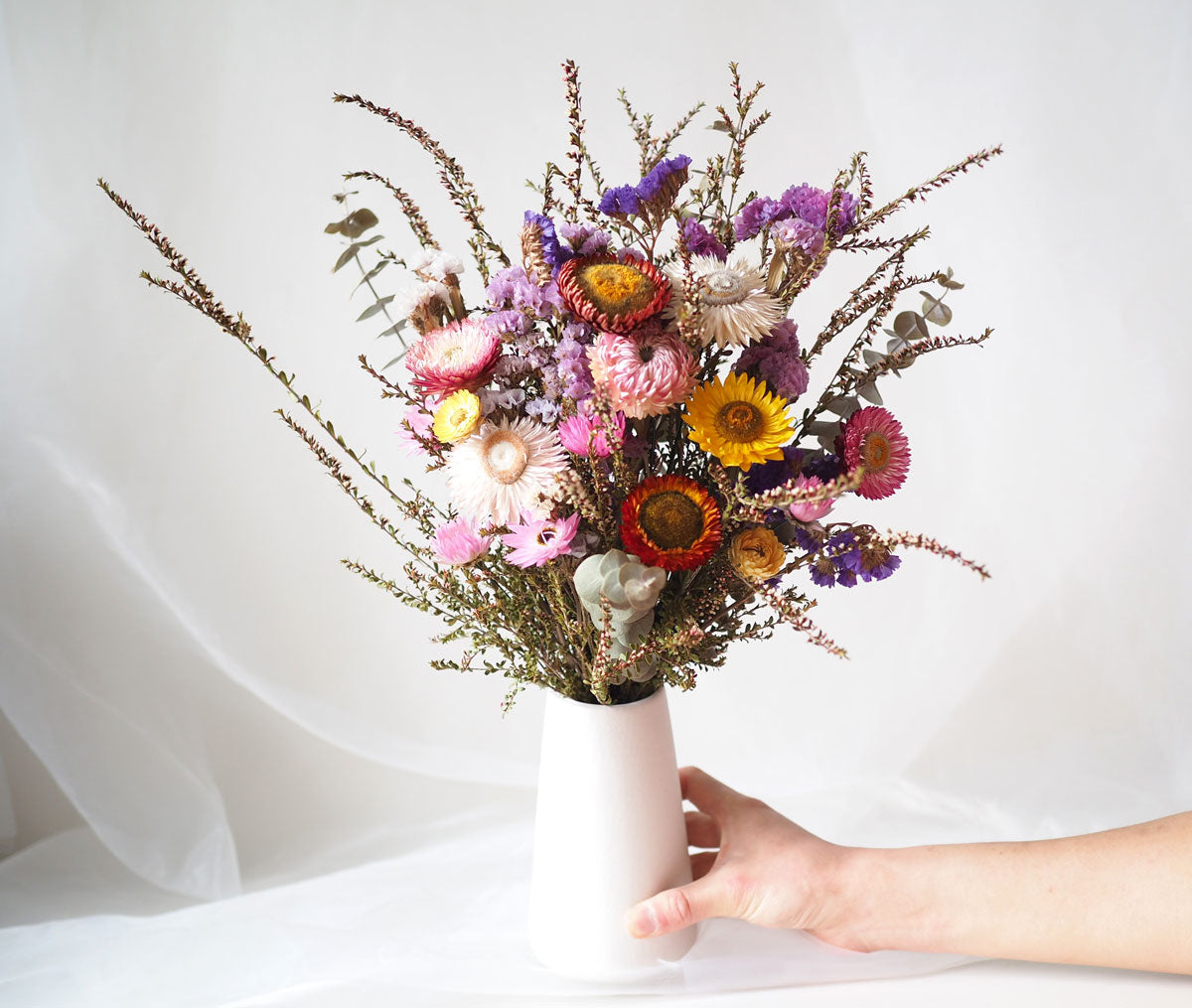 ELLIE – colourful dried flowers in a tall white ceramic vase image 2