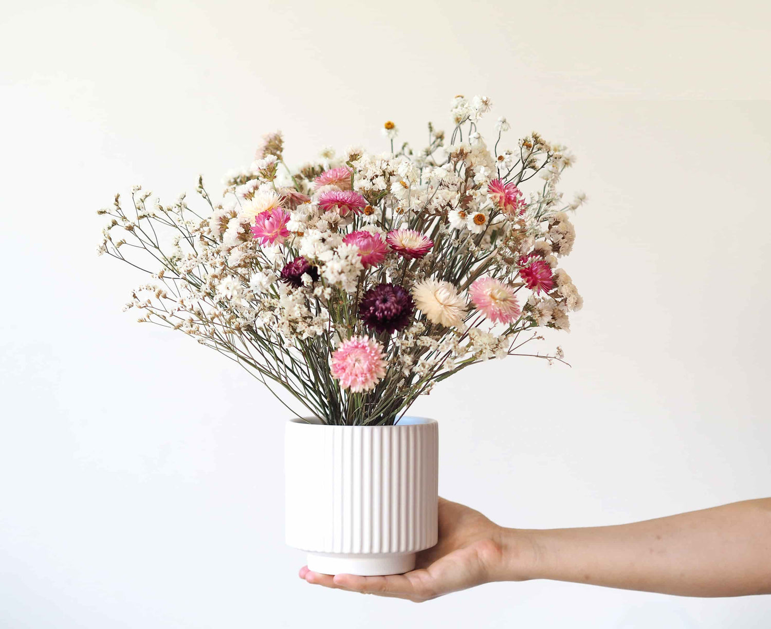 CLARA – white and pink dried flowers in a white ceramic vase