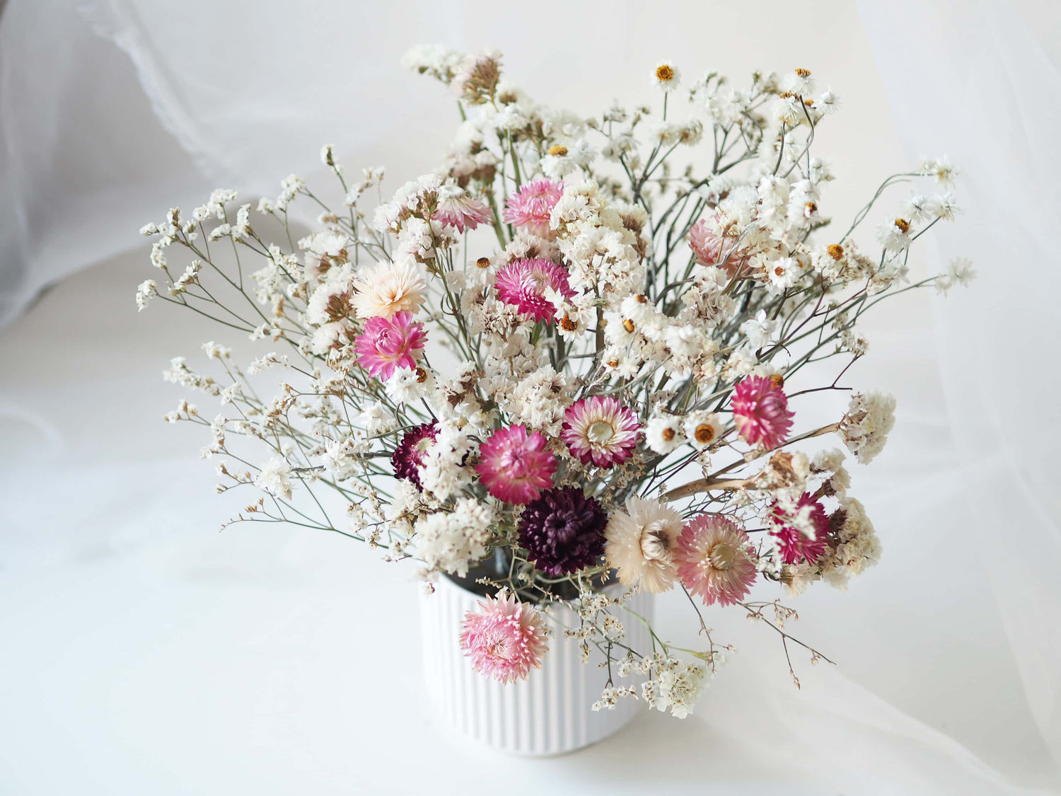 CLARA – white and pink dried flowers in a white ceramic vase