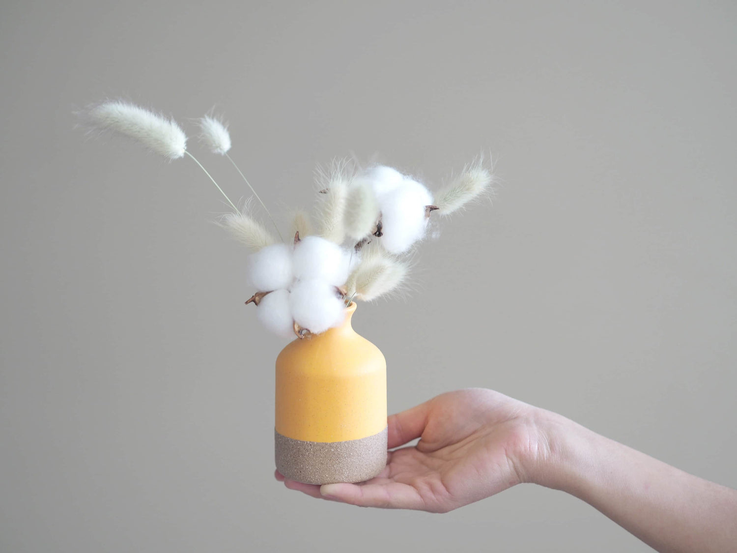 DOVE - dried bunny tail grass and cotton flowers in a yellow vase