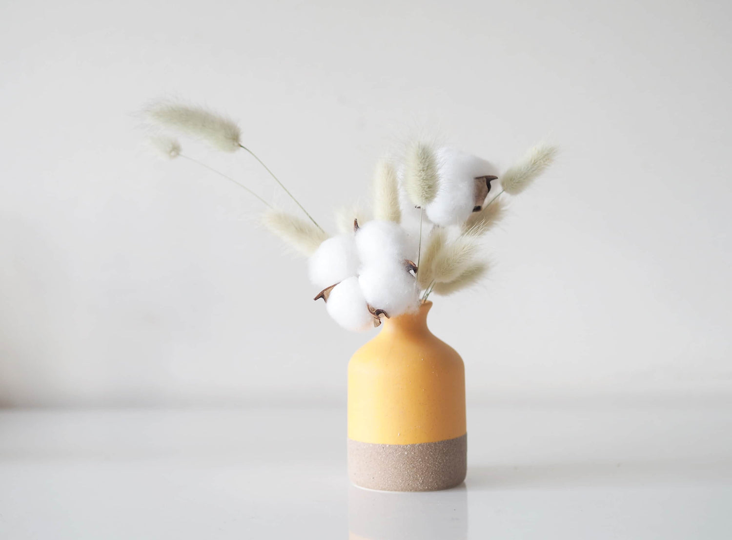 DOVE - dried bunny tail grass and cotton flowers in a yellow vase