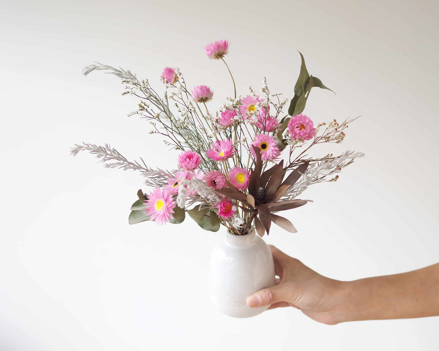 ELISE – dried paper daisies and native grass in a white speckled vase