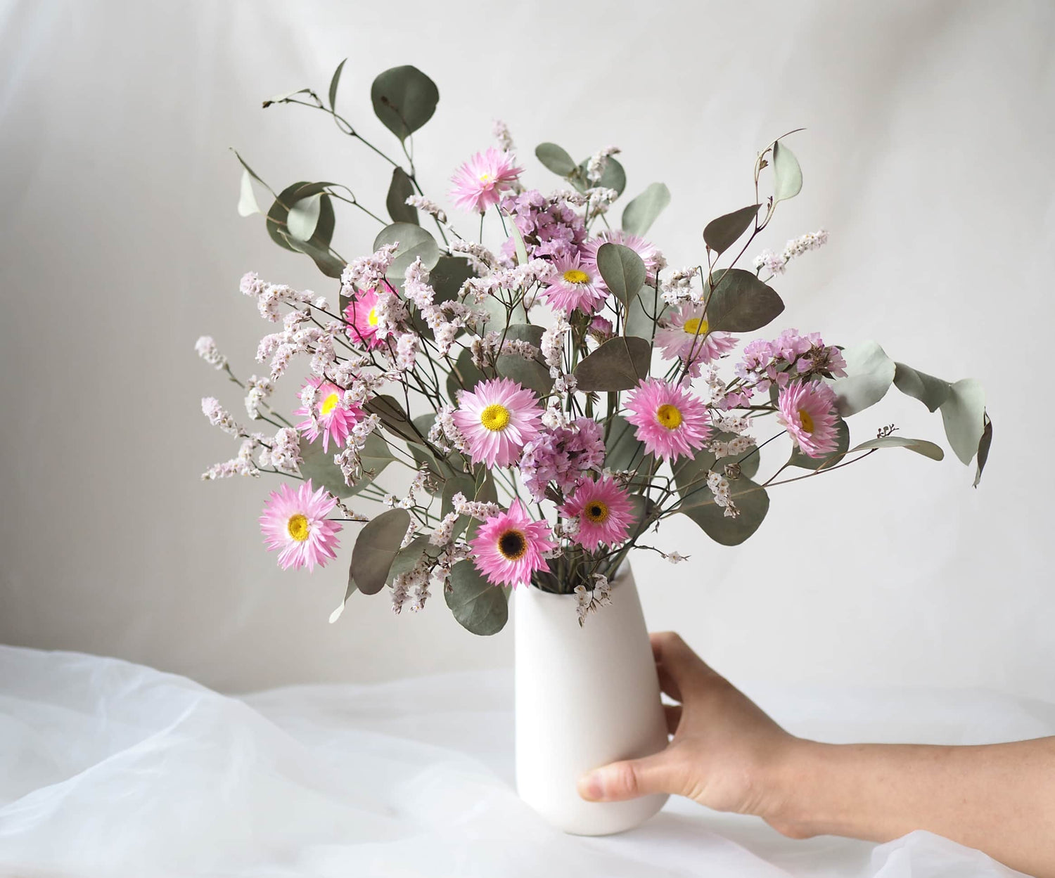 ZURI – native Australian dried flowers in a tall white ceramic vase